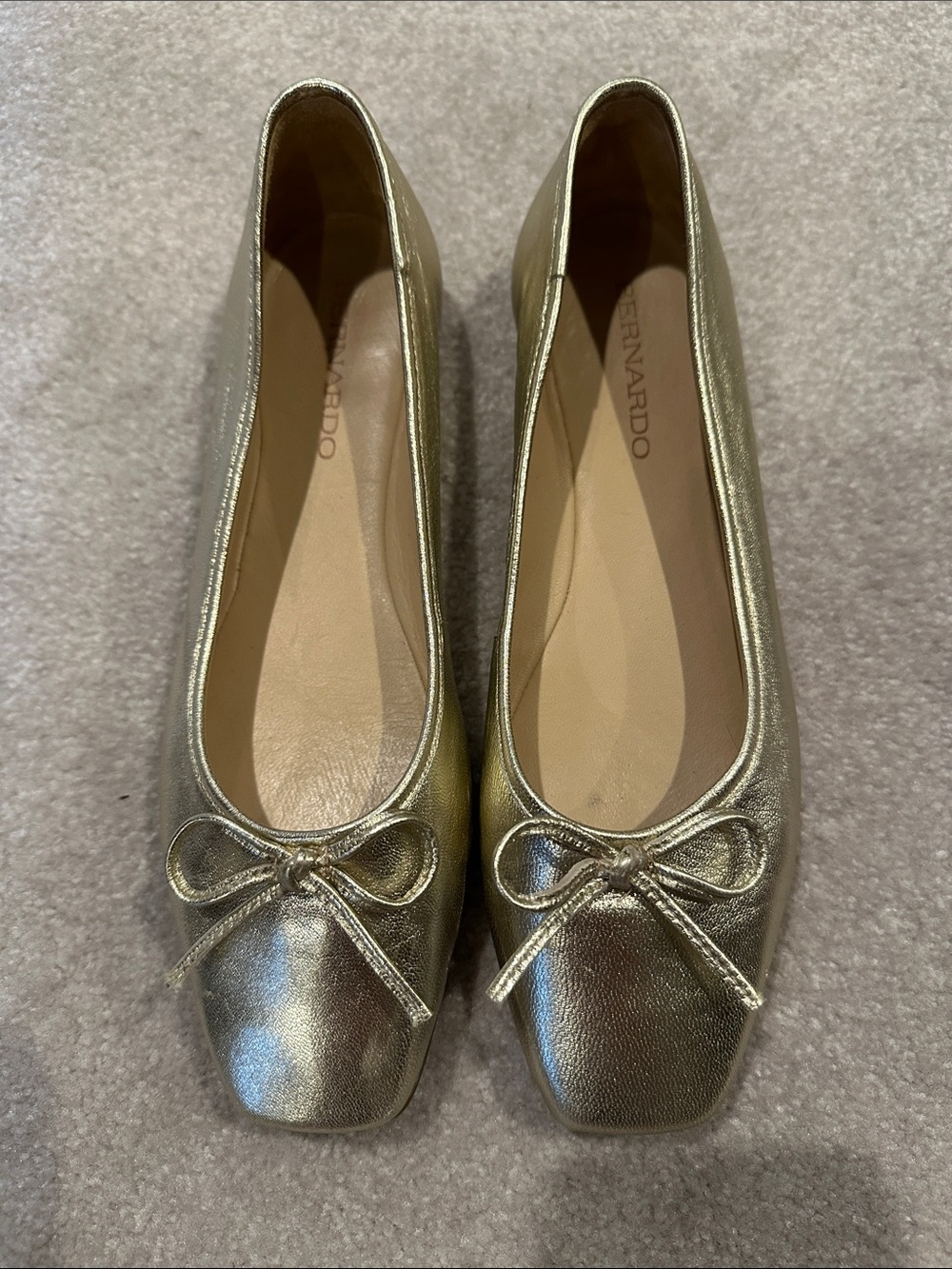 Bernardo Metallic Gold Square-Toe Ballet Flats with Bow